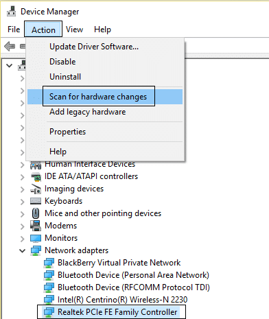 fare clic su azione, quindi cercare modifiche hardware