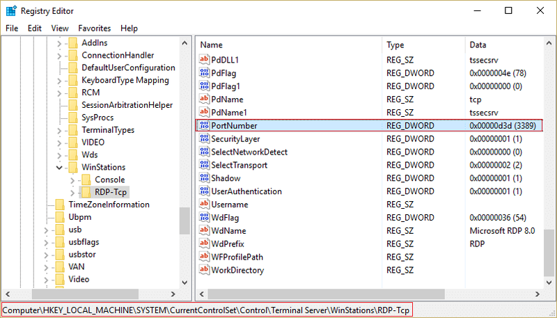 Vai su RDP TCP quindi seleziona Numero porta per cambiare la porta di ascolto per Desktop remoto