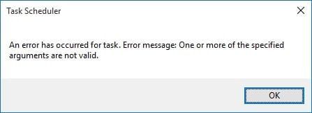 Correzione dell'errore dell'utilità di pianificazione Uno o più degli argomenti specificati non sono validi