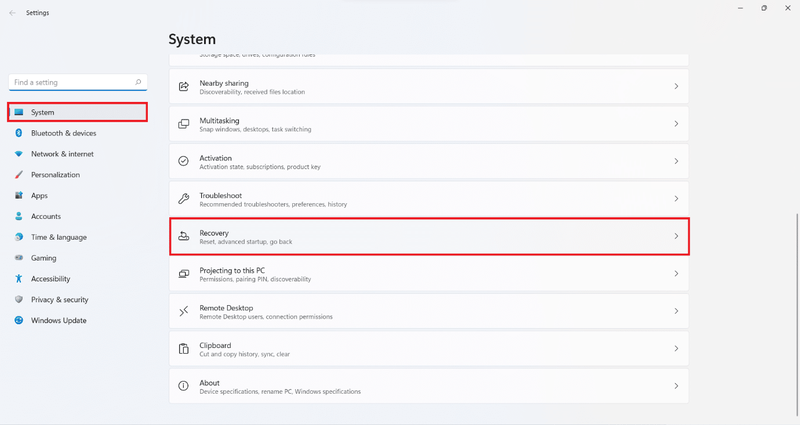 Možnost obnovitve v nastavitvah