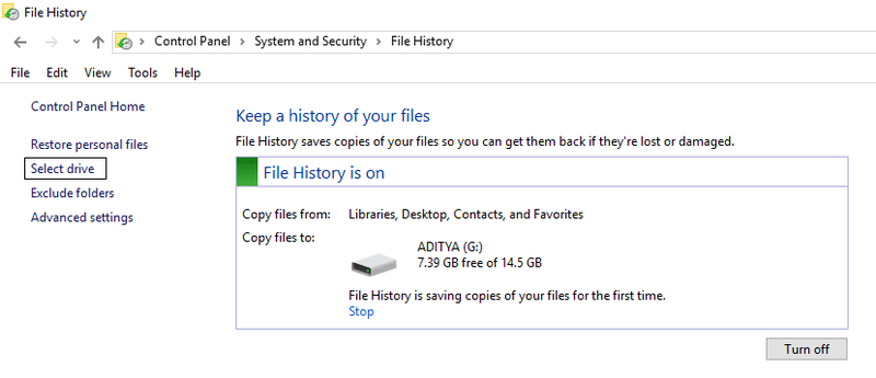 In Cronologia file, fai clic su Seleziona unità dal menu a sinistra