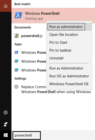 PowerShell fare clic con il pulsante destro del mouse su Esegui come amministratore