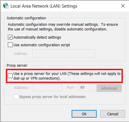 In Server proxy, deseleziona la casella accanto a Usa un server proxy per la tua LAN
