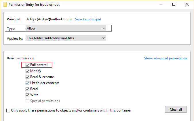 یک اصل را انتخاب کنید و حساب کاربری خود را اضافه کنید سپس علامت کنترل کامل را تنظیم کنید
