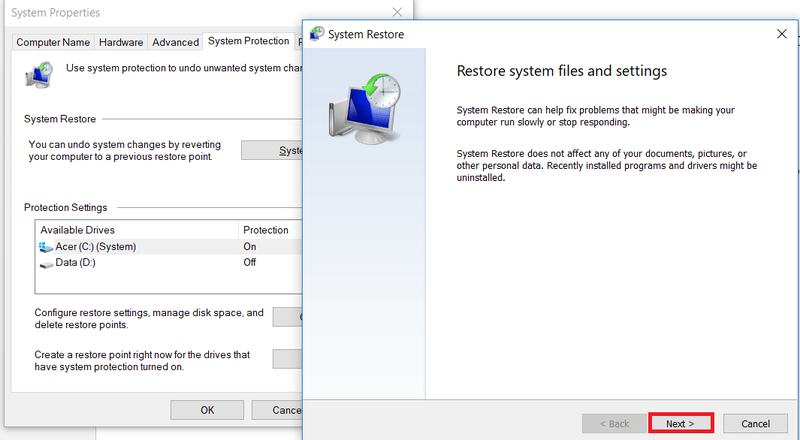 Verrà visualizzata una finestra Ripristino configurazione di sistema, fai clic su Avanti su quella finestra.