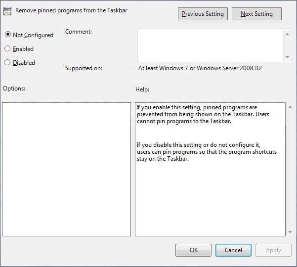 Imposta Rimuovi programmi aggiunti dalla barra delle applicazioni su Non configurato