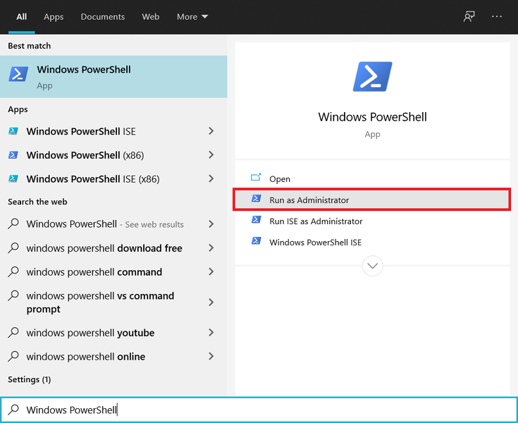 Cerca Windows Powershell nella barra di ricerca e fai clic su Esegui come amministratore