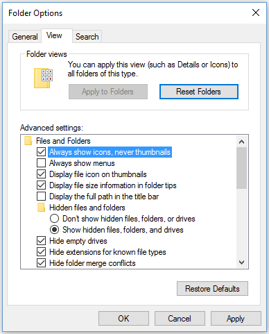 mostra sempre le icone, mai le miniature