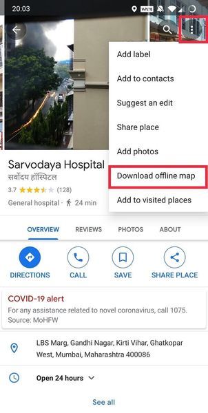 Tapnite tri navpične pike v zgornjem desnem kotu in izberite Prenesi zemljevid brez povezave