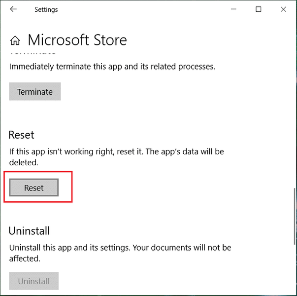 Fare clic su Ripristina per ripristinare Windows Store