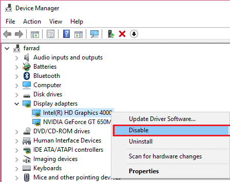 fare clic con il tasto destro sulla scheda garphic e selezionare Disabilita