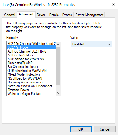 Disabilita la modalità 802.11n della scheda di rete
