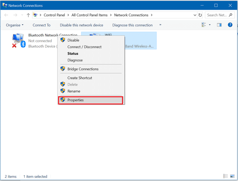 Fare clic con il pulsante destro del mouse sulla connessione di rete e quindi fare clic su Proprietà