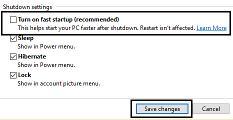 Deseleziona Attiva avvio rapido
