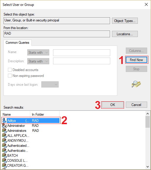 Fai clic su Trova ora sul lato destro e seleziona il nome utente, quindi fai clic su OK