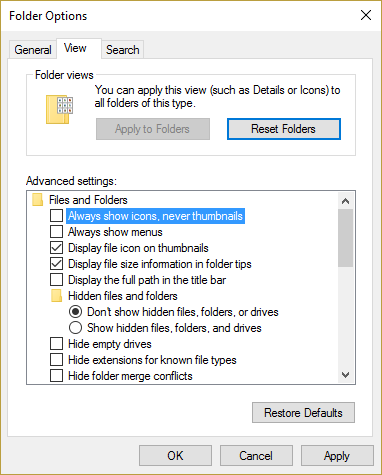 deseleziona Mostra sempre icone, mai miniature in Opzioni cartella
