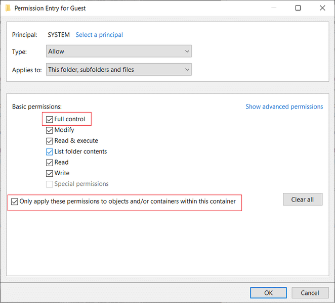 Ancora una volta fai clic su OK e seleziona Controllo completo