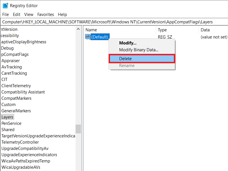 Fare clic con il tasto destro del mouse sulla chiave e selezionare Elimina