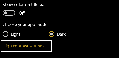 fare clic su Impostazioni contrasto elevato a colori in personalizzazione