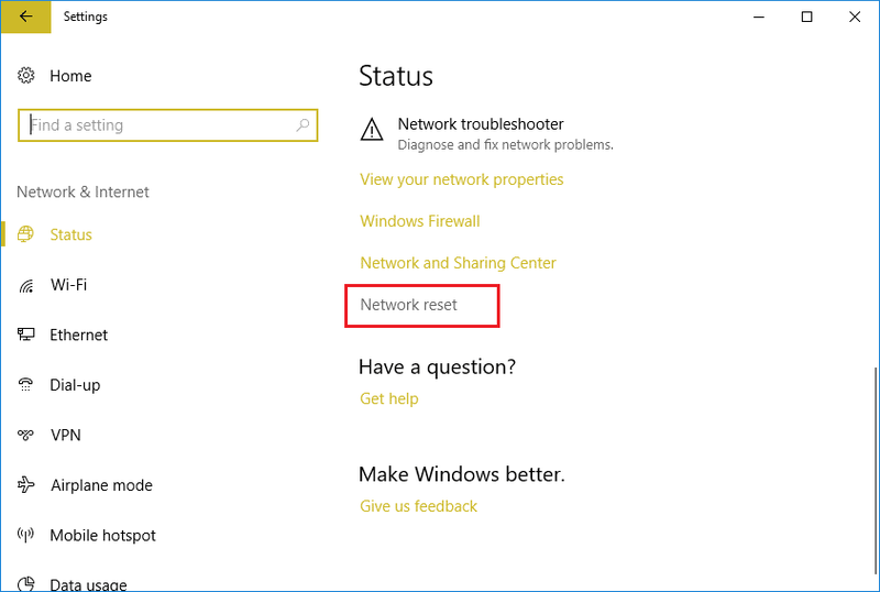 In Stato fare clic su Ripristino rete