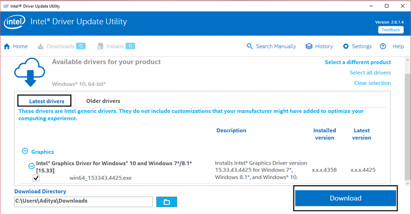 ultimo download del driver Intel