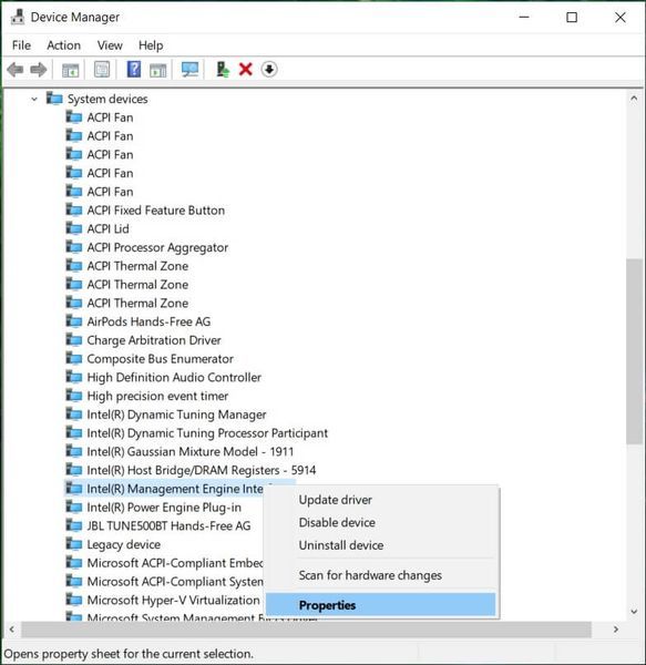 Fare clic con il pulsante destro del mouse su Intel Management Engine Interface e selezionare Proprietà | La correzione di Windows 10 non si spegnerà completamente