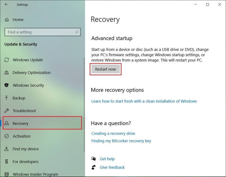 Seleziona Ripristino e fai clic su Riavvia ora in Avvio avanzato
