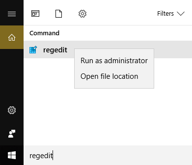 esegui regedit come amministratore
