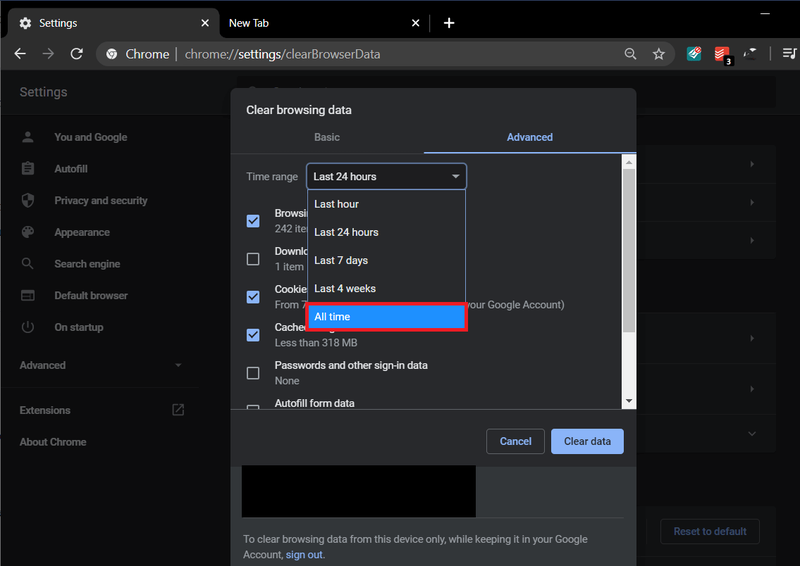 Fare clic sul menu a discesa accanto a Intervallo di tempo e selezionare Sempre | Correggi la connessione non è un errore privato in Chrome