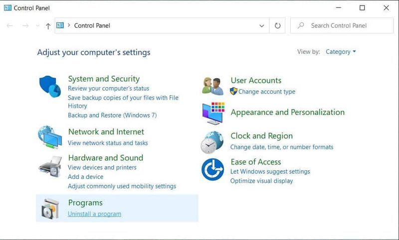 در قسمت Programs بر روی Uninstall a program کلیک کنید